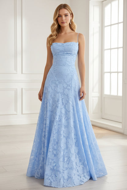 A-Line Spaghetti Straps Lace Floral Prom Dresses Floor-Length Sleeveless Formal Dresses