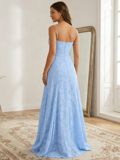 A-Line Spaghetti Straps Lace Floral Prom Dresses Floor-Length Sleeveless Formal Dresses