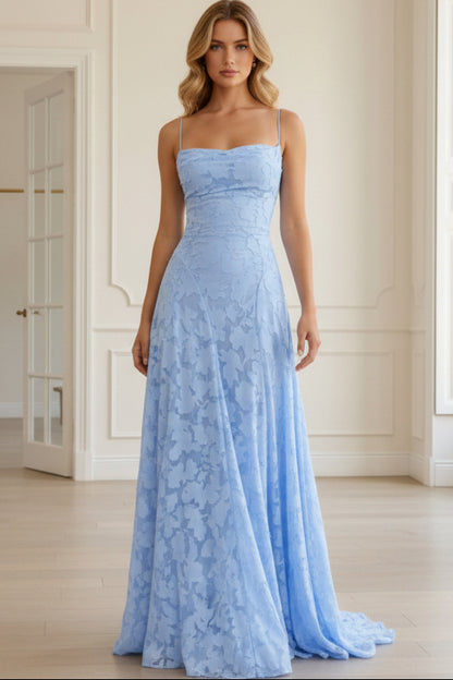 A-Line Spaghetti Straps Lace Floral Prom Dresses Floor-Length Sleeveless Formal Dresses