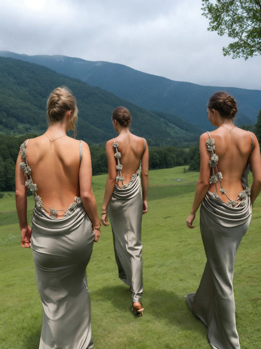 Spaghetti Straps Cowl Neck Backless Floor-Length Floral Bridesmaid Dresses