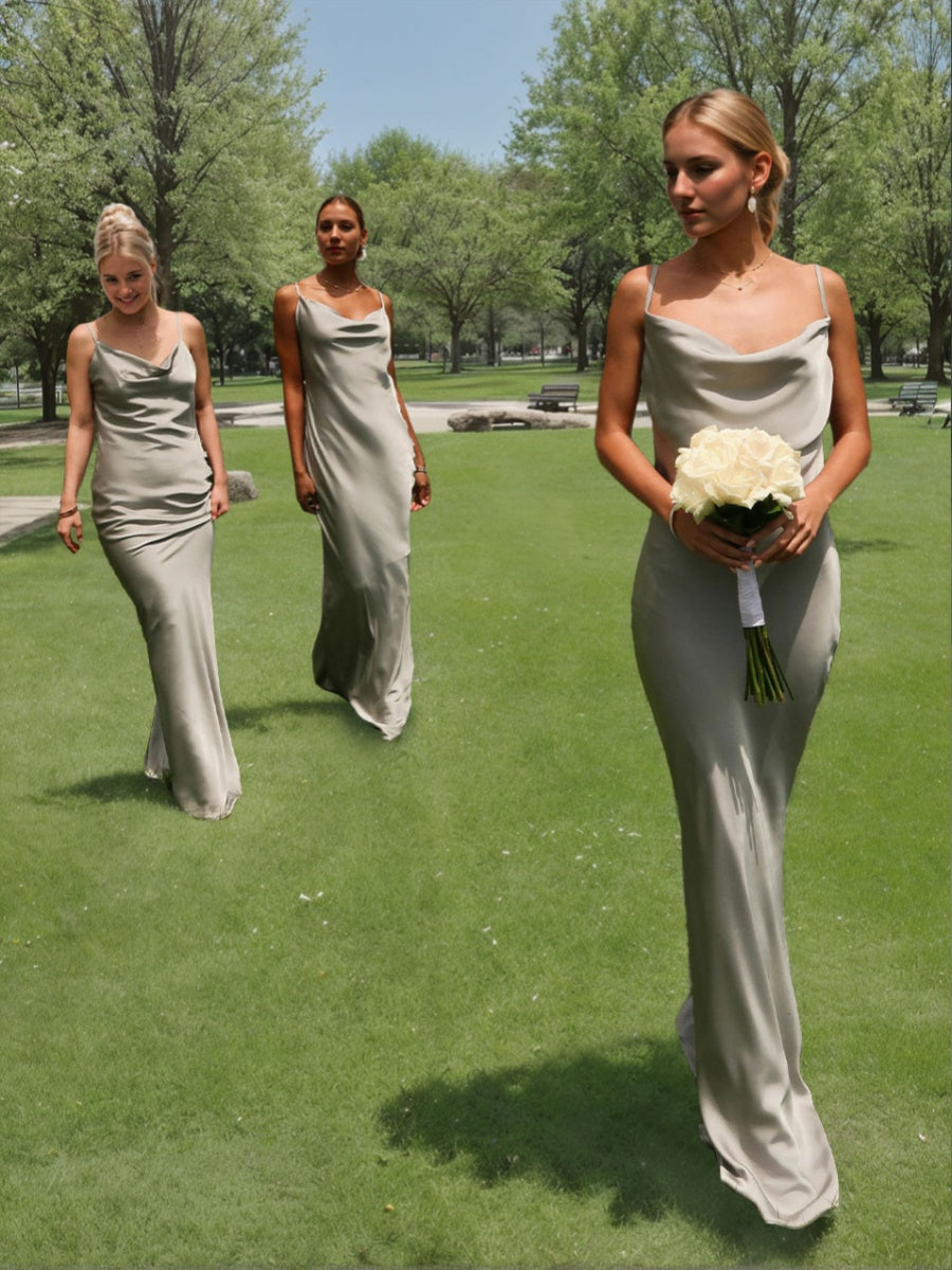 Spaghetti Straps Cowl Neck Backless Floor-Length Floral Bridesmaid Dresses