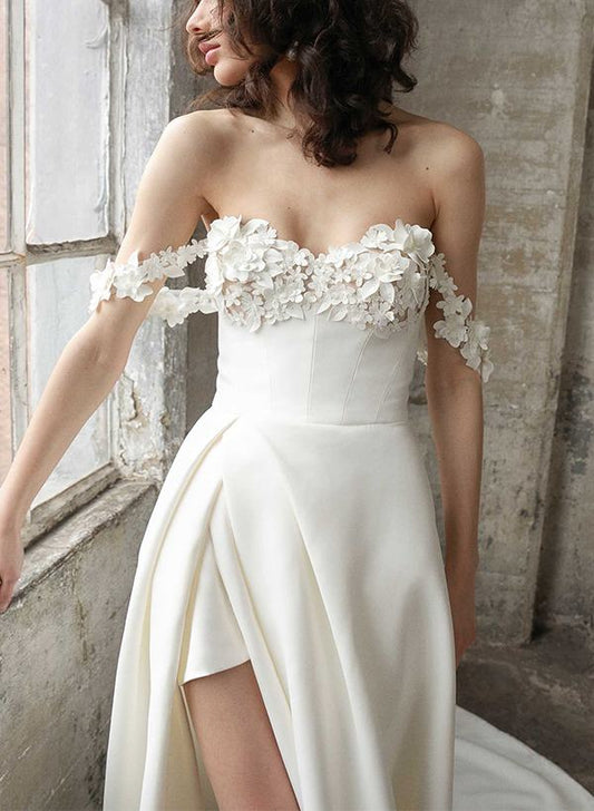 Off-The-Shoulder Pleated Wedding Dresses with Appliques & Buttons & Side Slit