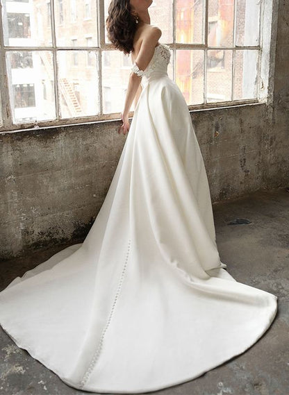 Off-The-Shoulder Pleated Wedding Dresses with Appliques & Buttons & Side Slit
