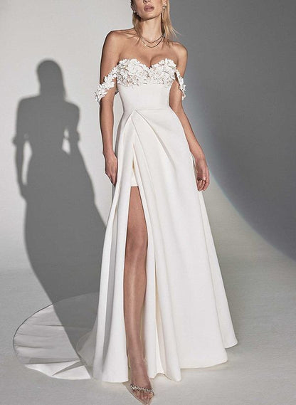 Off-The-Shoulder Pleated Wedding Dresses with Appliques & Buttons & Side Slit