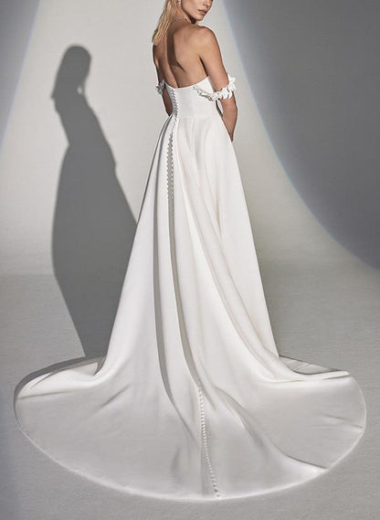 Off-The-Shoulder Pleated Wedding Dresses with Appliques & Buttons & Side Slit