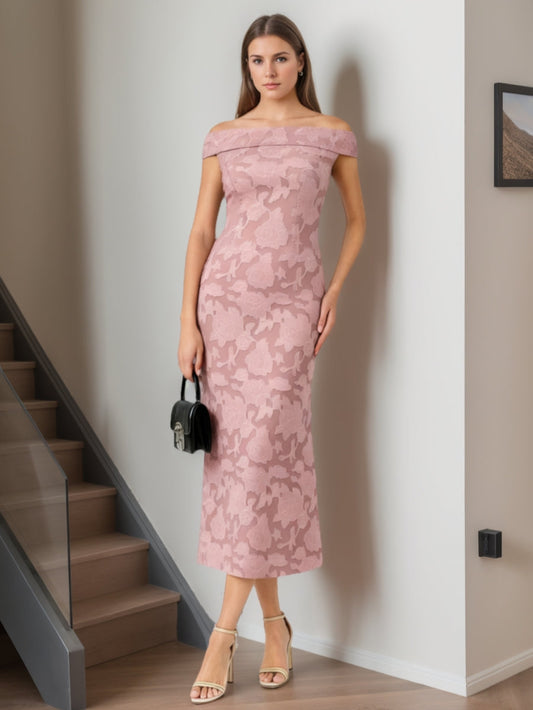 Pink Off-the-Shoulder Lace Cocktail Dress Tea-Length Pleats Formal Dresses