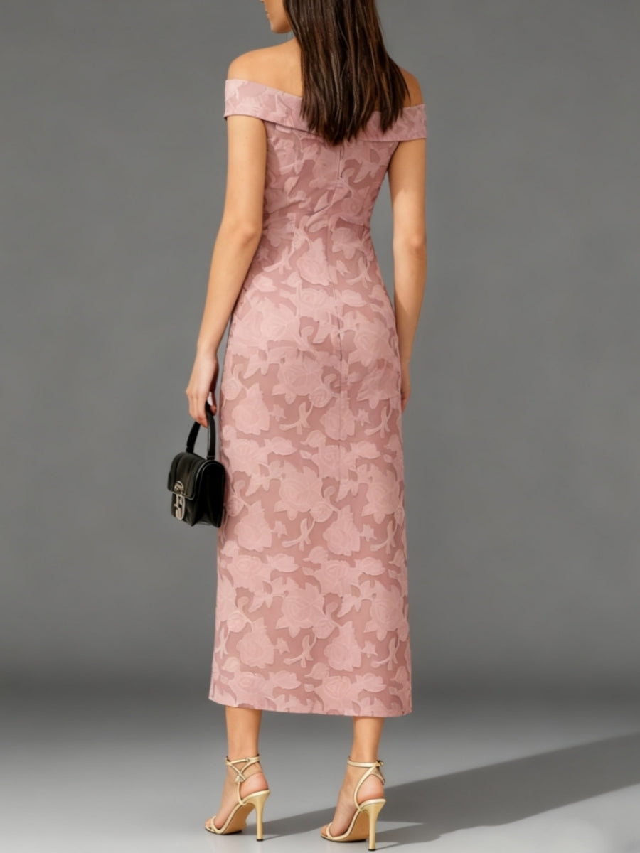 Pink Off-the-Shoulder Lace Cocktail Dress Tea-Length Pleats Formal Dresses