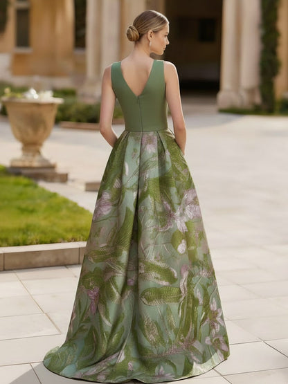 Green Satin Evening Dresses Sleeveless Floral Floor-Length Party Dress with Split Side