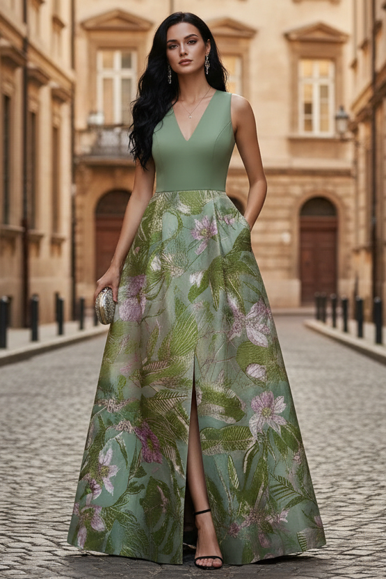 Green Satin Evening Dresses Sleeveless Floral Floor-Length Party Dress with Split Side
