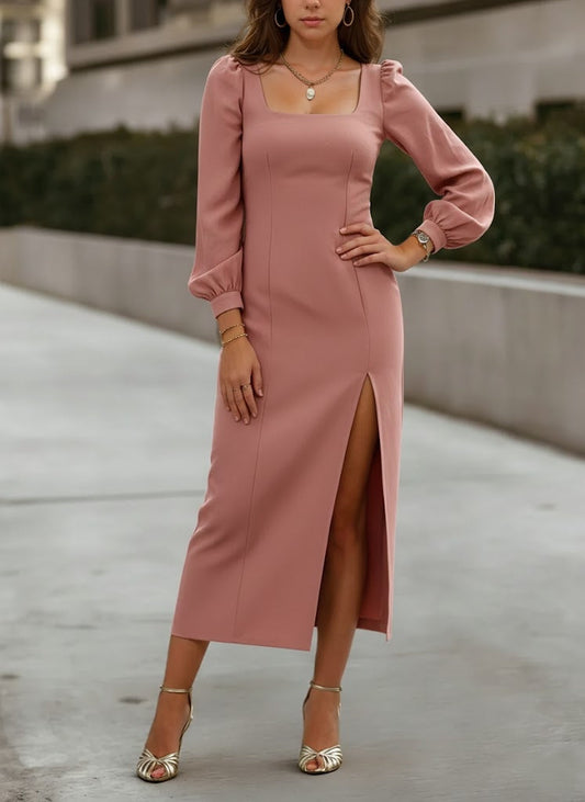 Square Collar Cocktail Dresses Tea-Length Long Sleeves Formal Dress