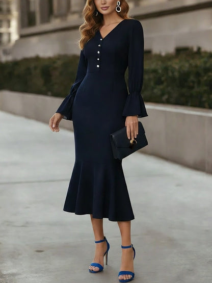 V-Neck Chiffon Cocktail Dresses Tea-Length Long Sleeves Formal Dresses