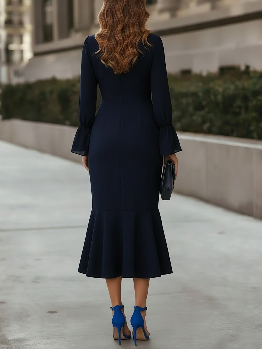 V-Neck Chiffon Cocktail Dresses Tea-Length Long Sleeves Formal Dresses