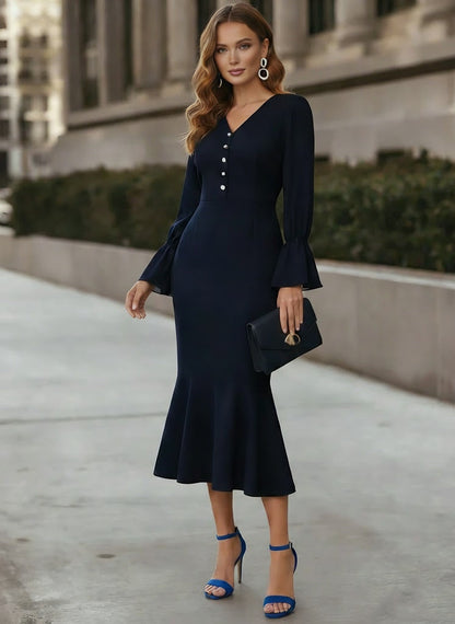 V-Neck Chiffon Cocktail Dresses Tea-Length Long Sleeves Formal Dresses