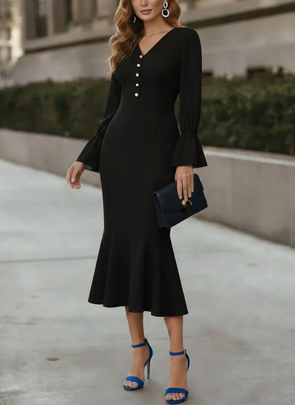 V-Neck Chiffon Cocktail Dresses Tea-Length Long Sleeves Formal Dresses