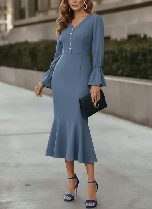 V-Neck Chiffon Cocktail Dresses Tea-Length Long Sleeves Formal Dresses