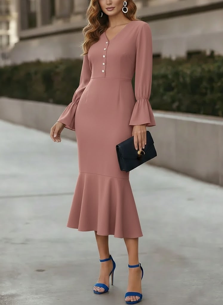 V-Neck Chiffon Cocktail Dresses Tea-Length Long Sleeves Formal Dresses
