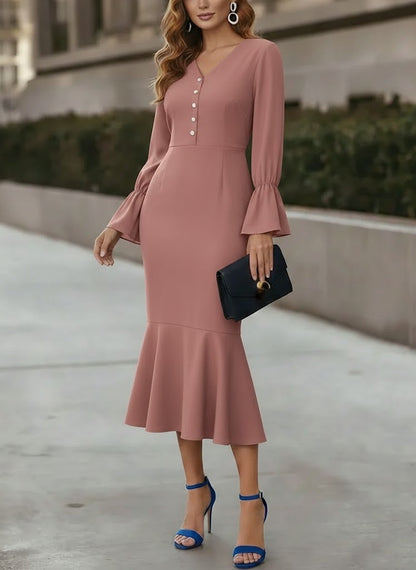 V-Neck Chiffon Cocktail Dresses Tea-Length Long Sleeves Formal Dresses