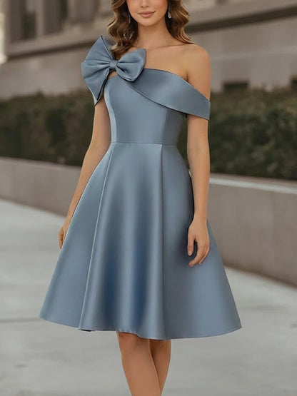 Off-the-Shoulder Satin Cocktail Dresses Sleeveless Knee-Length Dresses with Bowknot