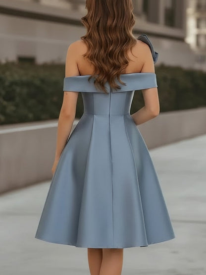 Off-the-Shoulder Satin Cocktail Dresses Sleeveless Knee-Length Dresses with Bowknot