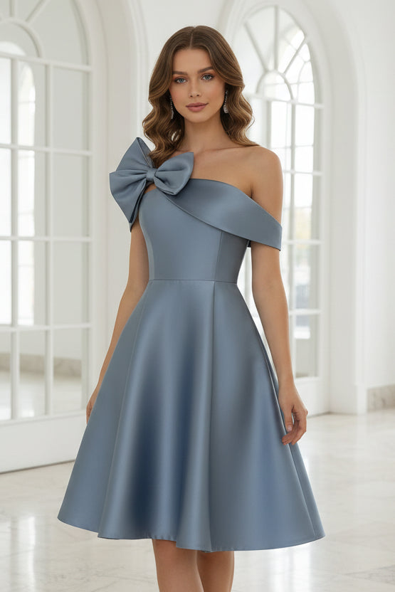 Off-the-Shoulder Satin Cocktail Dresses Sleeveless Knee-Length Dresses with Bowknot