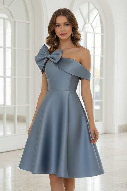 Off-the-Shoulder Satin Cocktail Dresses Sleeveless Knee-Length Dresses with Bowknot