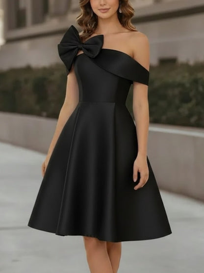 Off-the-Shoulder Satin Cocktail Dresses Sleeveless Knee-Length Dresses with Bowknot