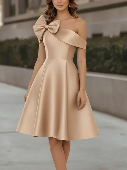 Off-the-Shoulder Satin Cocktail Dresses Sleeveless Knee-Length Dresses with Bowknot