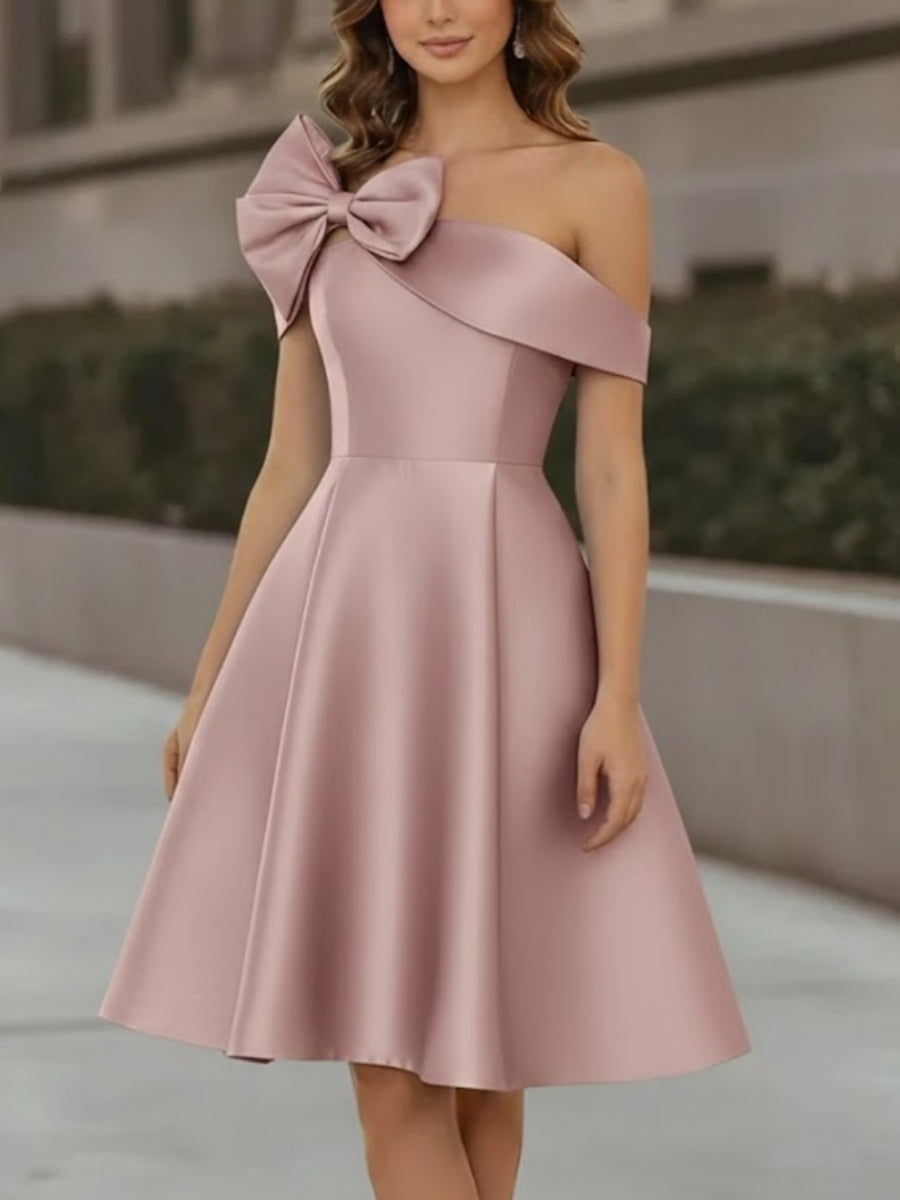 Off-the-Shoulder Satin Cocktail Dresses Sleeveless Knee-Length Dresses with Bowknot