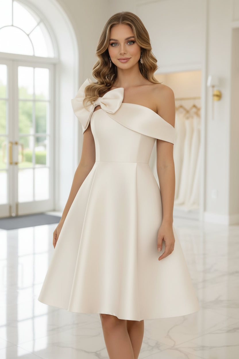 Off-the-Shoulder Satin Cocktail Dresses Sleeveless Knee-Length Dresses with Bowknot