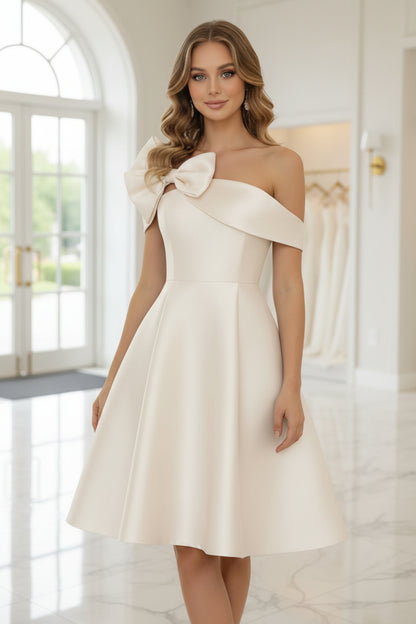 Off-the-Shoulder Satin Cocktail Dresses Sleeveless Knee-Length Dresses with Bowknot