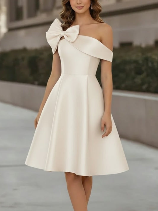 Off-the-Shoulder Satin Cocktail Dresses Sleeveless Knee-Length Dresses with Bowknot