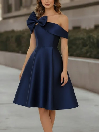 Off-the-Shoulder Satin Cocktail Dresses Sleeveless Knee-Length Dresses with Bowknot