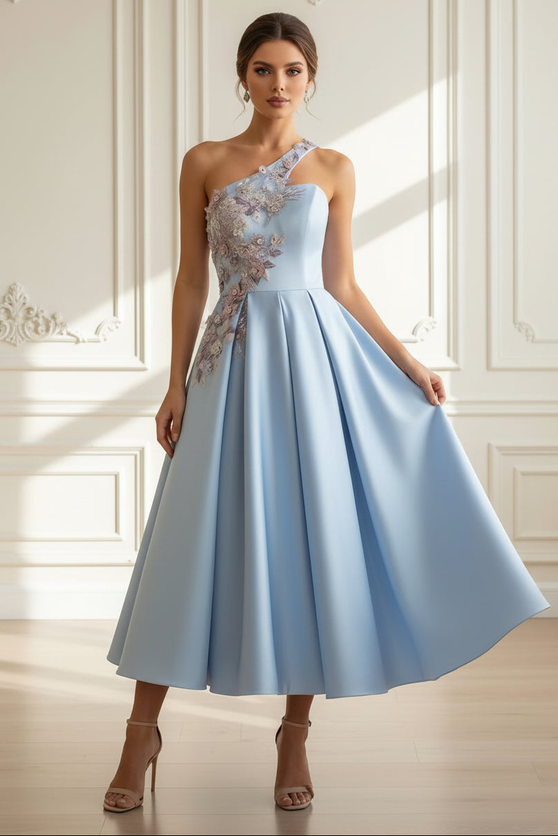 A-Line One-Shoulder Satin Cocktail Dresses Sleeveless Tea-Length Floral Formal Dresses