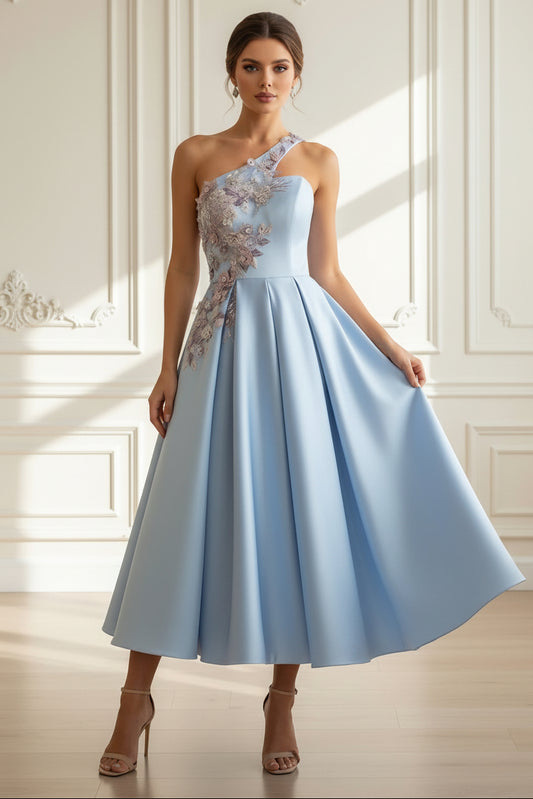 A-Line One-Shoulder Satin Cocktail Dresses Sleeveless Tea-Length Floral Formal Dresses