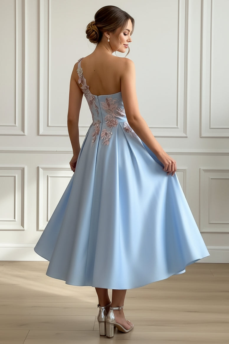 A-Line One-Shoulder Satin Cocktail Dresses Sleeveless Tea-Length Floral Formal Dresses