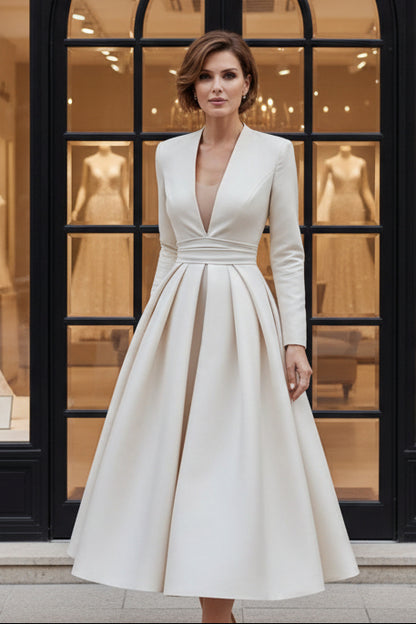 V-Neck Cocktail Dresses Tea-Length Long Sleeves Pleated Formal Dresses