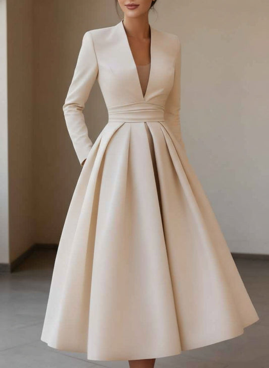 V-Neck Cocktail Dresses Tea-Length Long Sleeves Pleated Formal Dresses