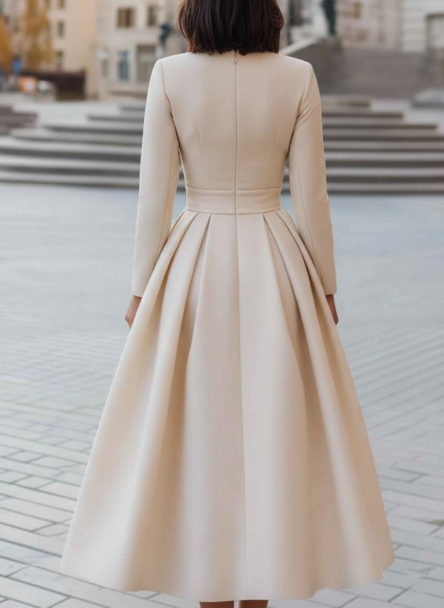 V-Neck Cocktail Dresses Tea-Length Long Sleeves Pleated Formal Dresses