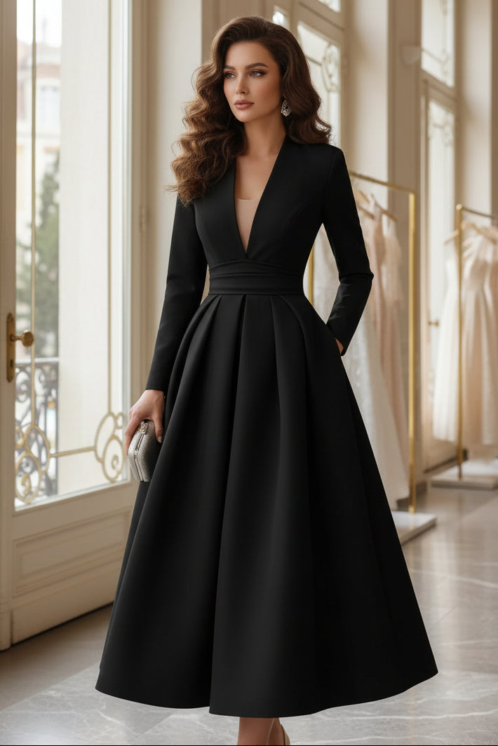 V-Neck Cocktail Dresses Tea-Length Long Sleeves Pleated Formal Dresses