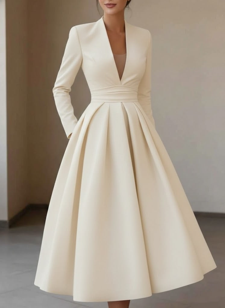 V-Neck Cocktail Dresses Tea-Length Long Sleeves Pleated Formal Dresses