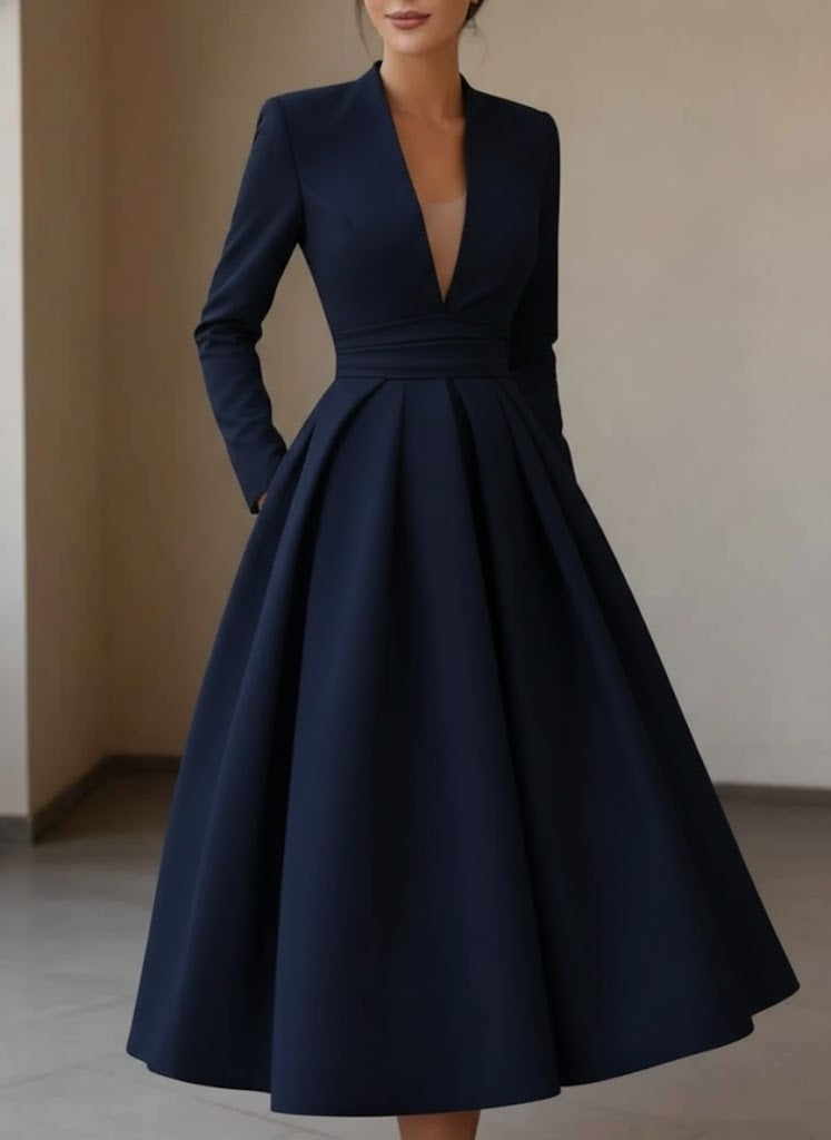 V-Neck Cocktail Dresses Tea-Length Long Sleeves Pleated Formal Dresses