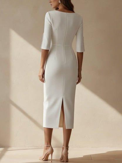 Scoop Cocktail Dresses Tea-Length Half Sleeves Sheath Formal Dress