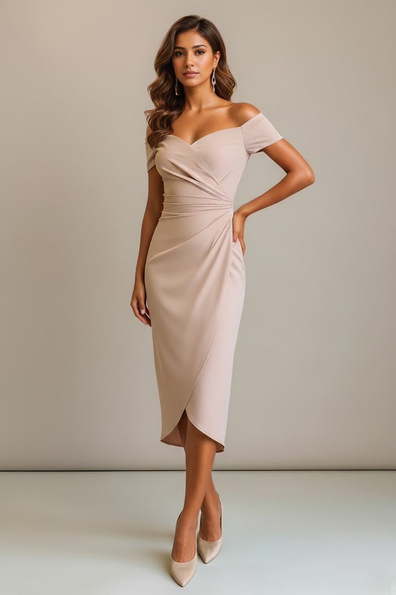 Off-the-Shoulder Satin Cocktail Dresses Tea-Length Ruched Formal Dresses