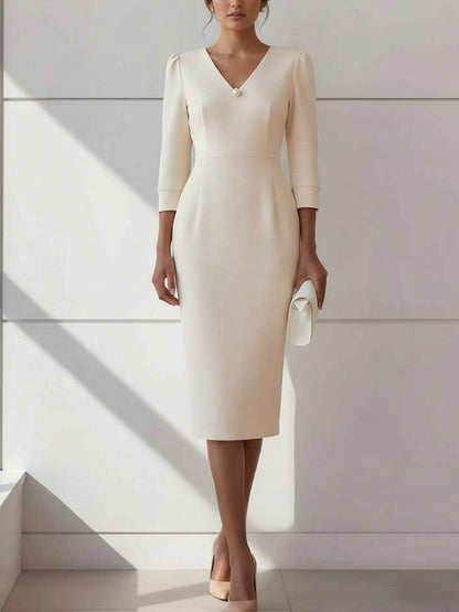 Sheath Cocktail Dresses with Pearl Tea-Length 3/4 Sleeves Formal Dress
