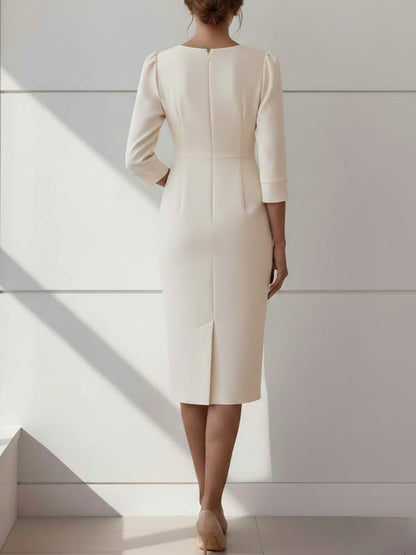 Sheath Cocktail Dresses with Pearl Tea-Length 3/4 Sleeves Formal Dress