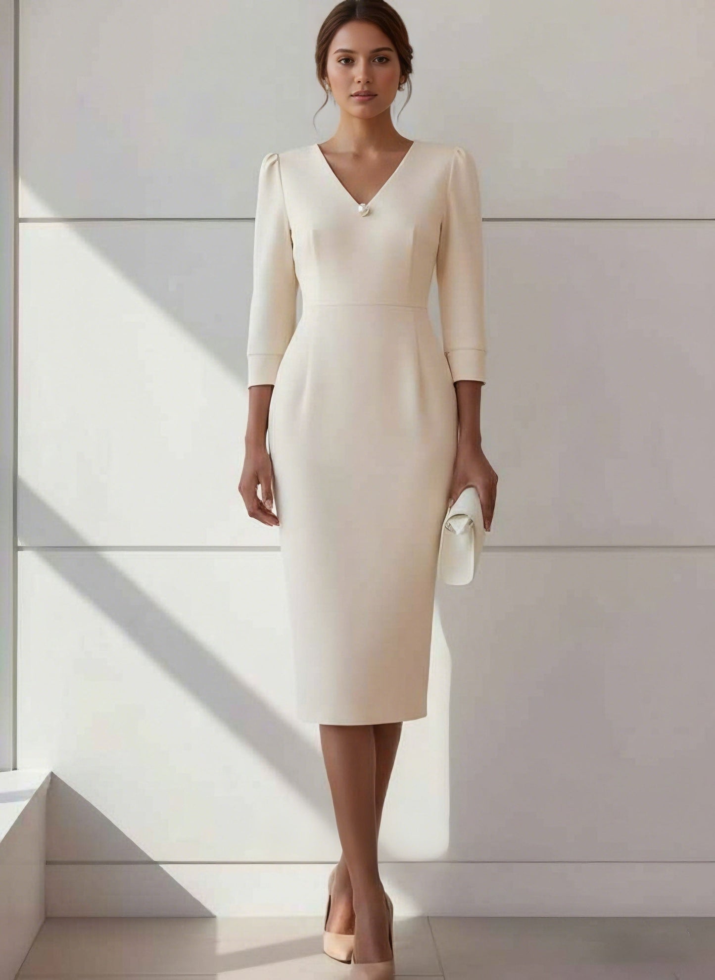 Sheath Cocktail Dresses with Pearl Tea-Length 3/4 Sleeves Formal Dress