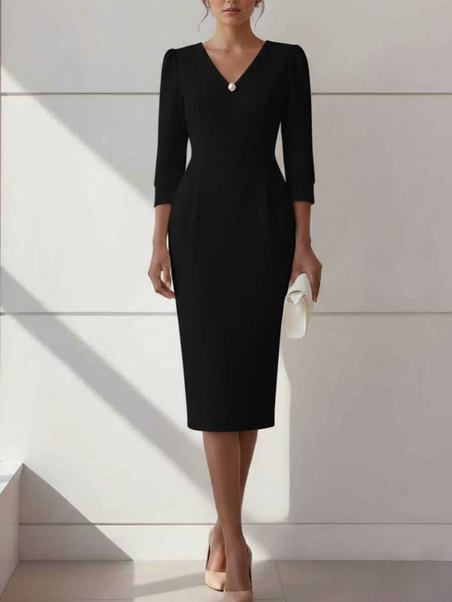 Sheath Cocktail Dresses with Pearl Tea-Length 3/4 Sleeves Formal Dress