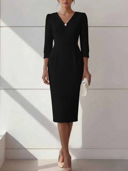 Sheath Cocktail Dresses with Pearl Tea-Length 3/4 Sleeves Formal Dress
