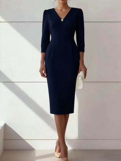 Sheath Cocktail Dresses with Pearl Tea-Length 3/4 Sleeves Formal Dress