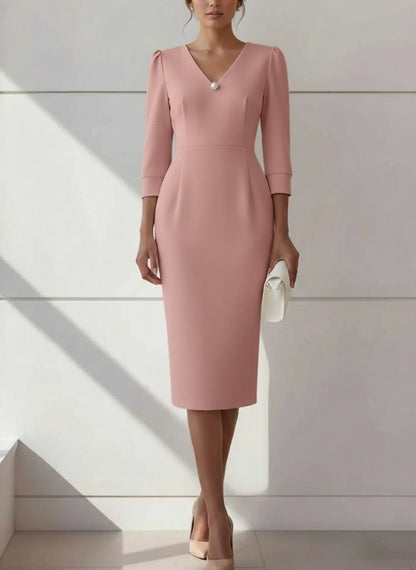 Sheath Cocktail Dresses with Pearl Tea-Length 3/4 Sleeves Formal Dress